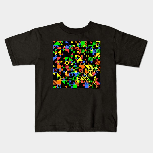 Primary Color Neo Geo Shapes in Black Green Yellow Blue Red Kids T-Shirt by SeaChangeDesign